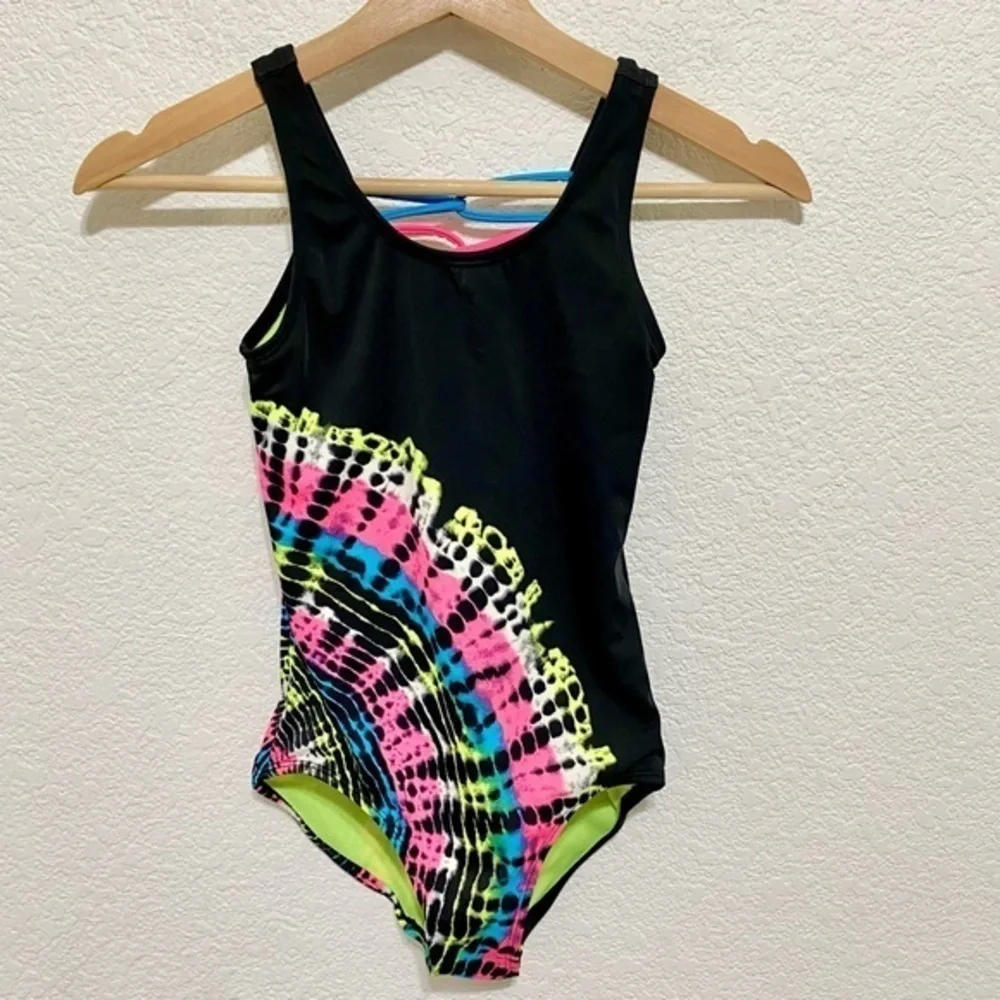 Justice girls one piece swimsuit black with pink blue yellow neon tie dye 8